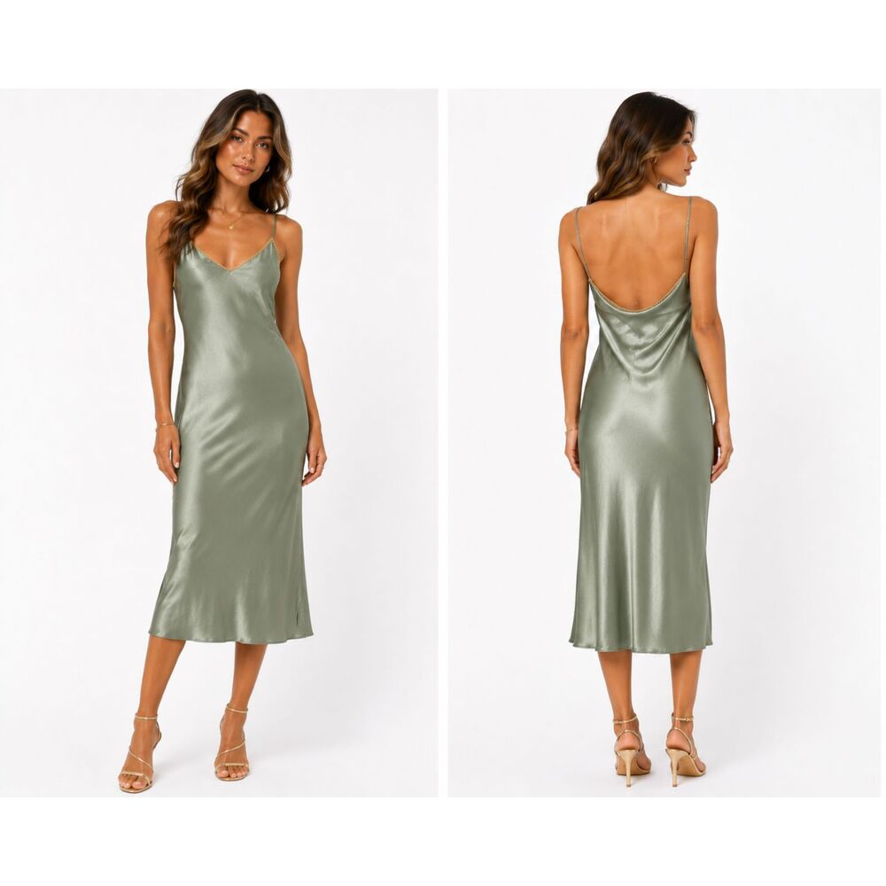 ROSEWATER HOUSE Silk Blend Slip Midi Dress Green Small